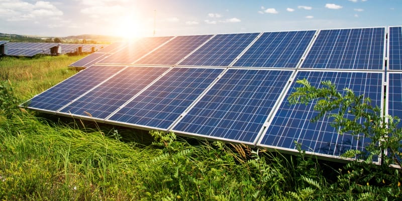 Daytime view of solar panels in a solar power plant.