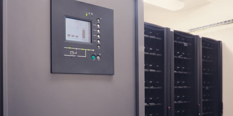 UPS battery in server room displaying various parameters with wires fully connected .